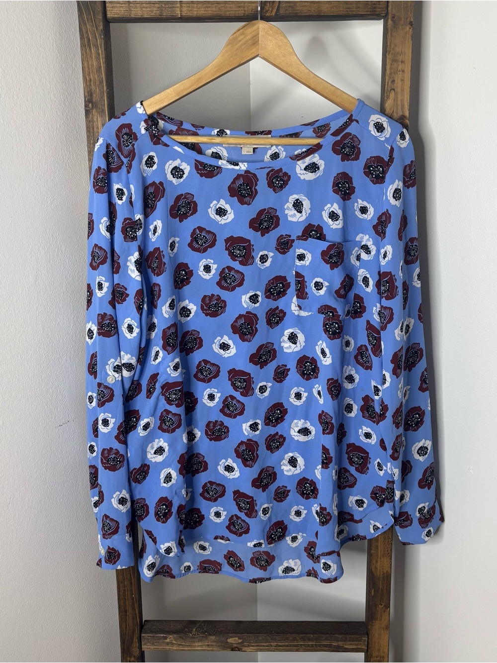 LOFT Blue Floral Long Sleeve Top with Burgundy & White Accents Size L